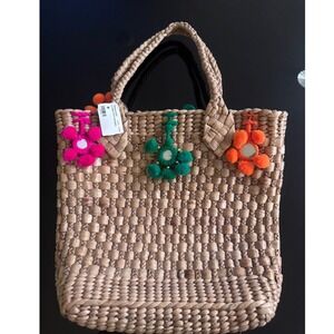 NEW‎ Pitusa Flower Pom Pom Straw Tote Bag Beach Summer Boho X2